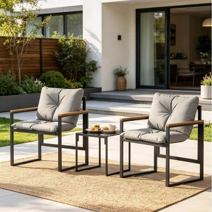 Gartenmöbel-Set mit 2 Sesseln 64 x 62 x 68 cm und Tisch 40 x 40 x 40 cm – Glasplatte, Schwarz und Grau – Bild 3