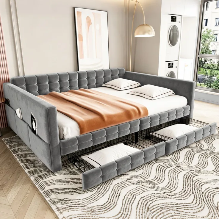 EINHOM Polsterbett Schlafsofa 140 x 190 cm, Klassisches Vollflächiges Karomuster, Staufächer an den Bettseiten, Zwei Schubladen unter dem Bett, Gäste oder als Einzelbett, Samtstoff, 140 x 190 cm, Grau, (Ohne Matratze)