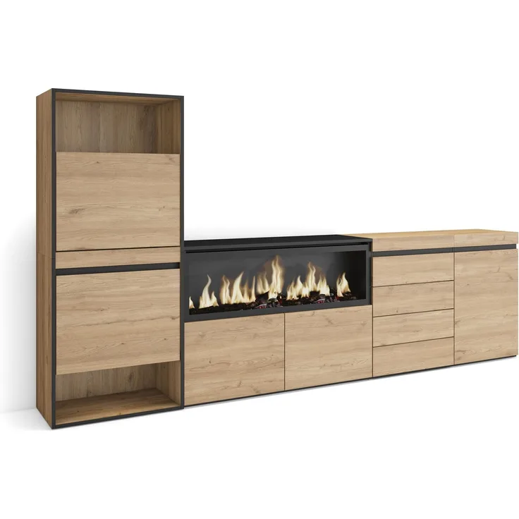 Skraut Home | Schuhregal, Schuhschrank | Schuhaufbewahrung | 274 x 145 x 35 cm | Für Schlafzimmer, Zimmer | Elektrokamin XXL | Kommode mit Schubladen | Moderner Stil | Eiche
