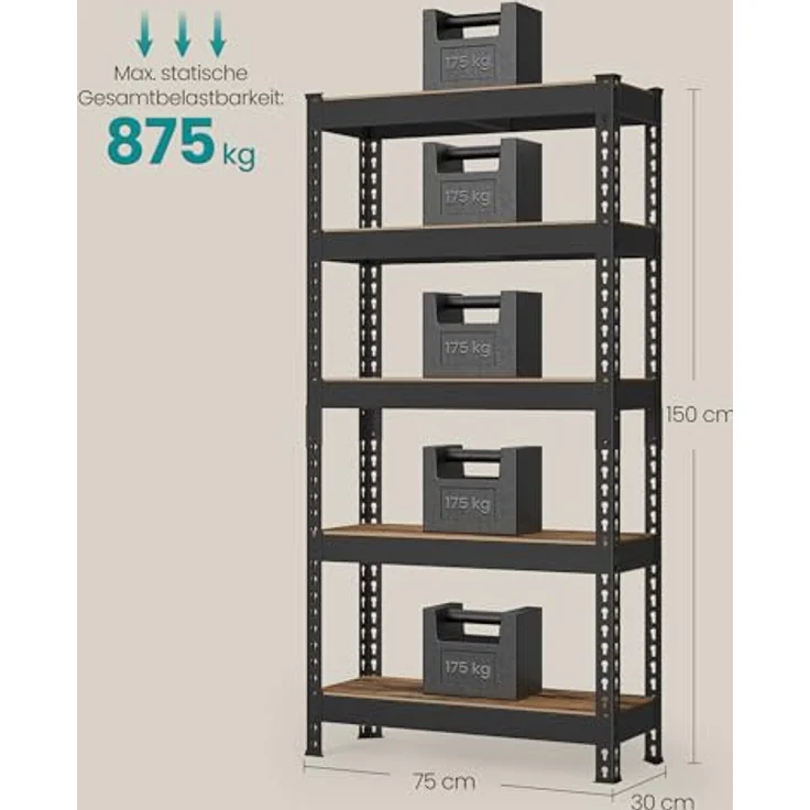SONGMICS Schnelle Montage, Schwerlastregal 2er Set, Standregal, Lagerregal, Küchenregal, Regal, 5 Ablagen, 30 x 75 x 150 cm, bis 875 kg belastbar, für Keller, Küche, Arbeitszimmer, vintagebraun – Bild 3