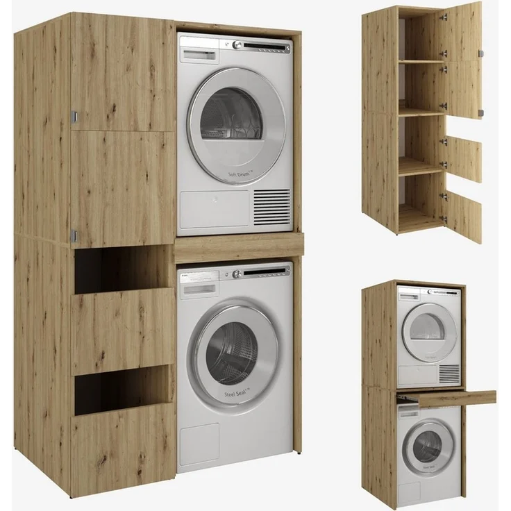 PLATAN ROOM Hochschrank Badschrank Waschmaschine Trockner Schrank Waschmaschinenschrank für Waschmaschine & Wäschetrockner Überbauschrank 187 x 65 x 45/66 cm Badregal (Eiche Artisan, 111 cm (45+66)) – Bild 1