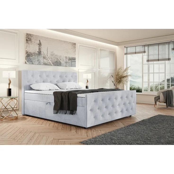 MEBLINI Boxspringbett PEDRO 160x200cm - H3B/Hellgrau Samt - mit Bettkasten - Polsterbett - Doppelbett mit Topper & Bonellfederkern-Matratze