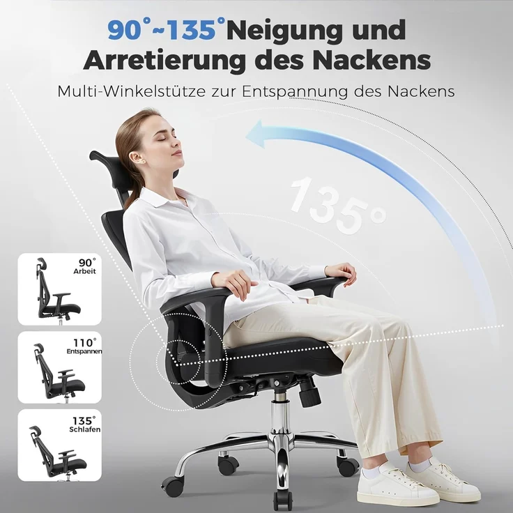 COMHOMA Bürostuhl Ergonomisch [TESTSIEGER], Schreibtischstuhl mit 3D-Kopfstütze & 3D-Lendenwirbelstütze, verstellbare Armlehnen, Office Chair mit Wipp- und Kippfunktion,Belastung bis 150KG, Schwarz – Bild 5