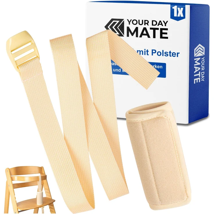 Schrittgurt mit Gurtpolster für Hochstuhl, 1 Set, Beige, universal Gurtriemen mit Neopren Gurtpolster, kompatibel mit Hauck Alpha Beta, Stokke Tripp Trapp, roba Sit Up