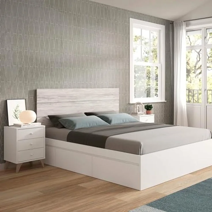Habitdesign, modernes Kopfteil mit 2 Nachttischen für Doppelbett, Schlafzimmer-Set in Artik weiß & Velho-Weiß, viel Stauraum, Maße: 240 x 116 x 33,5 cm (B x H x T), Modell Sweet – Bild 7