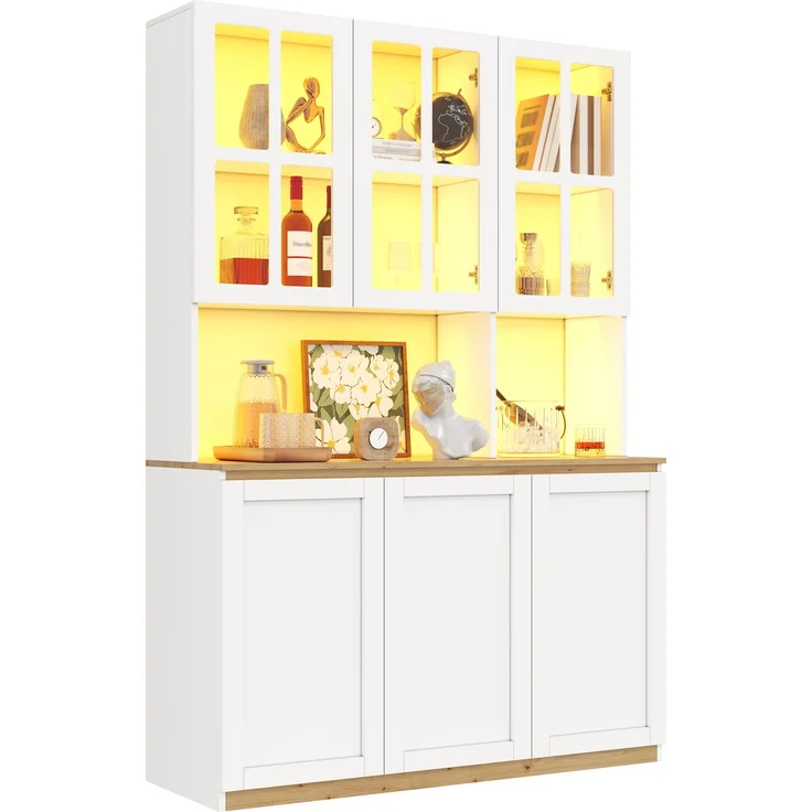 Vitrinenschrank 200x120x38 cm mit App-gesteuerter LED-Beleuchtung, Weiß-Eiche – Bild 7