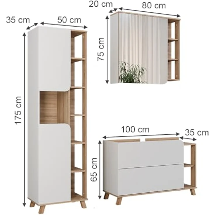 Vichy Badmöbelset Karen, 3-teiliges Set in Sonoma/Weiss, inkl. Waschbeckenunterschrank und Spiegelschrank, robust und elegant – Bild 2