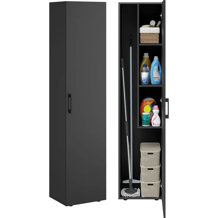 Bellamio 'Apol' Mehrzweckschrank schmal, schwarz, 176x33x40 cm, Besenschrank mit Staubsaugerfach und 3 kleinen Fächern – Bild 1