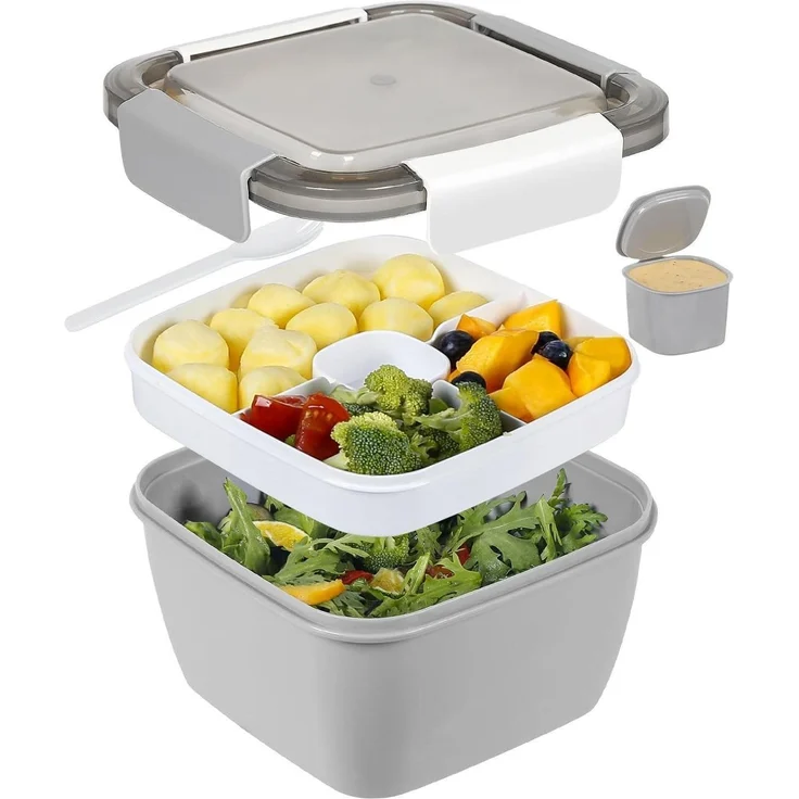 Lunchbox auslaufsicher Bento Box 3 Fächer Salatbehälter 1500 ML Grau – Bild 1