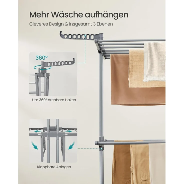 SONGMICS Wäscheständer, Standtrockner 4 Ebenen, Flügelwäscheständer, klappbare Flügel, mit Rollen, 63,5 x 128 x 148 cm, groß, einfacher Aufbau, für Innen- und Außenbereich, taubengrau – Bild 6