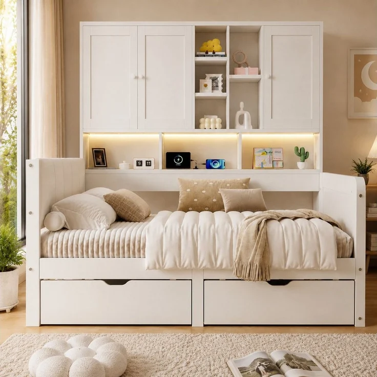 Odikalo Kinderbett Jugendbett 90x200, mit LED USB und Schubladen (mit PU-gepolstertes Kopfteil, Tagesbett, L-förmiges Holzbett, Daybett mit Regale und Schränken) – Bild 2