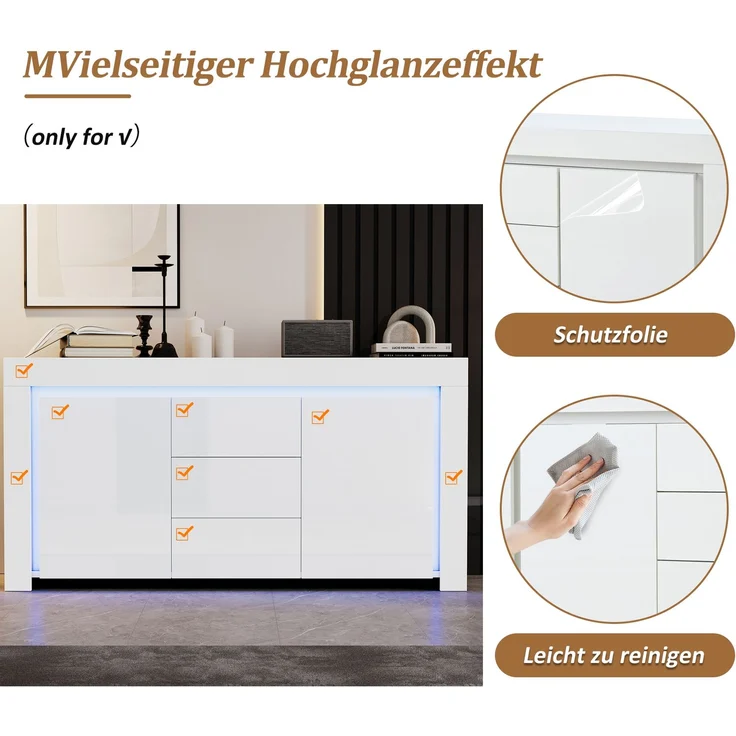 Merax Sideboard, Kommode mit 3 Schubladen, 2 Türen, Hochglanz Beistellschrank mit LED-Lichtleiste, Wohnzimmerschrank mit Stauraum, Weiß – Bild 7