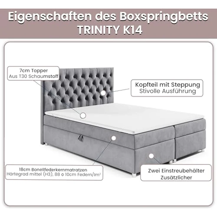 Best For Home Boxbett Trinity K-14, Rosa, 200x200 cm, Boxspringbett mit Bettkasten und 18 cm Matratzenhöhe – Bild 5