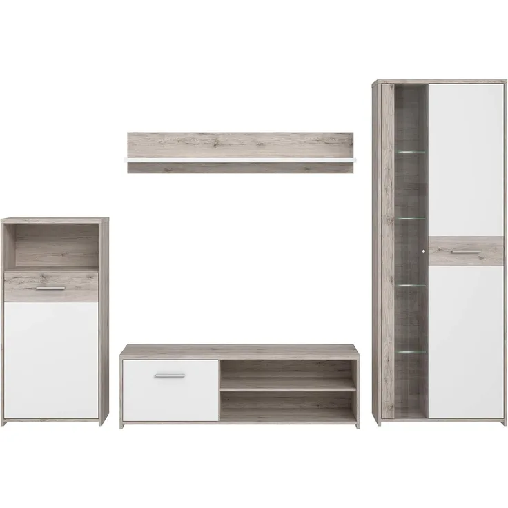 FORTE Gulada Wohnwand mit LED Beleuchtung, Holzwerkstoff, Beige/Braun/Weiß, 266 x 182,9 x 41,4 cm