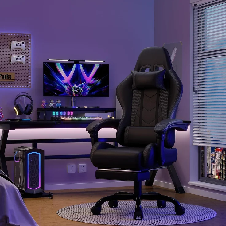 Devoko Massage Gaming Stuhl, Computer Bürostuhl mit Fußstütze, Racing Gamer Stuhl 150kg Belastbarkeit, 90-135° Rückenlehne einstellbar Ergonomischer PC Stuhl, 360° drehbar, Schwarz – Bild 2