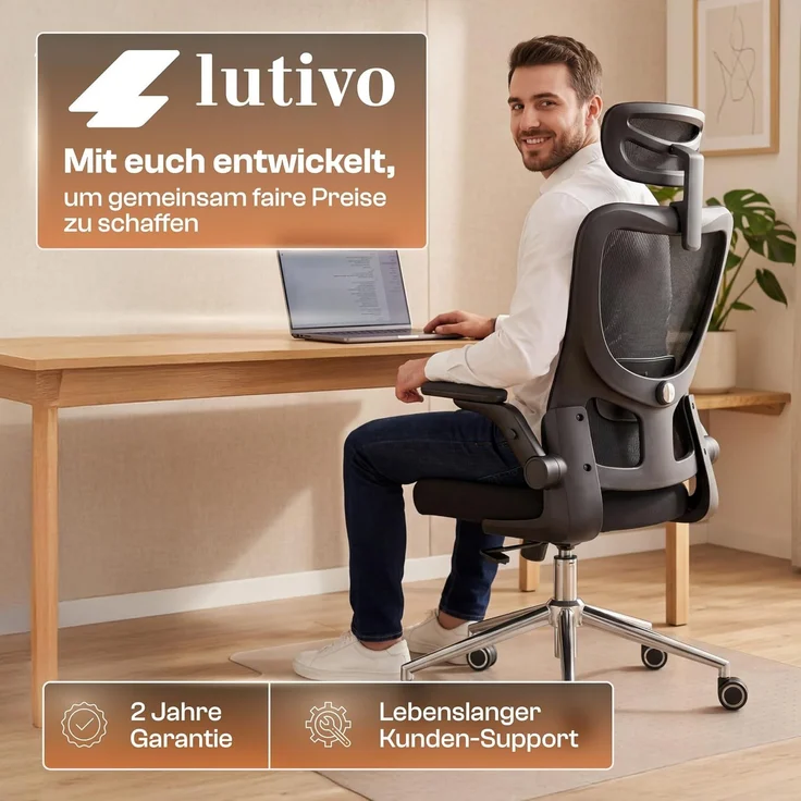 LUTIVO Bravo, ergonomischer Bürostuhl, Rückenlehne mit Mesh Bezug, 3D-Armlehnen, 3D-Kopfstütze, ViperWheels, Schwarz – Bild 8