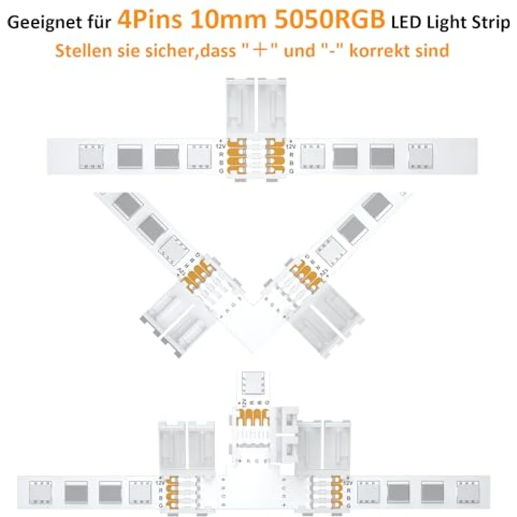 REDTRON LED Strip Verbinder Set, 10mm 4-polig RGB 5050, inklusive L- und T-förmige Eckverbinder, Verlängerung und Befestigungsclips – Bild 3