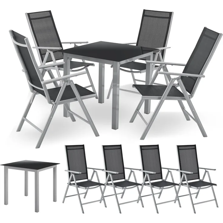 Juskys Aluminium Gartengarnitur Milano 4+1 — 4 Hochlehner Stühle verstellbar & klappbar mit Tisch — Gartenmöbel Set 5-teilig wetterfest — Silber