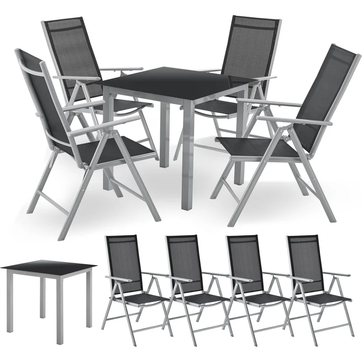 Juskys Aluminium Gartengarnitur Milano 4+1 — 4 Hochlehner Stühle verstellbar & klappbar mit Tisch — Gartenmöbel Set 5-teilig wetterfest — Silber – Bild 1