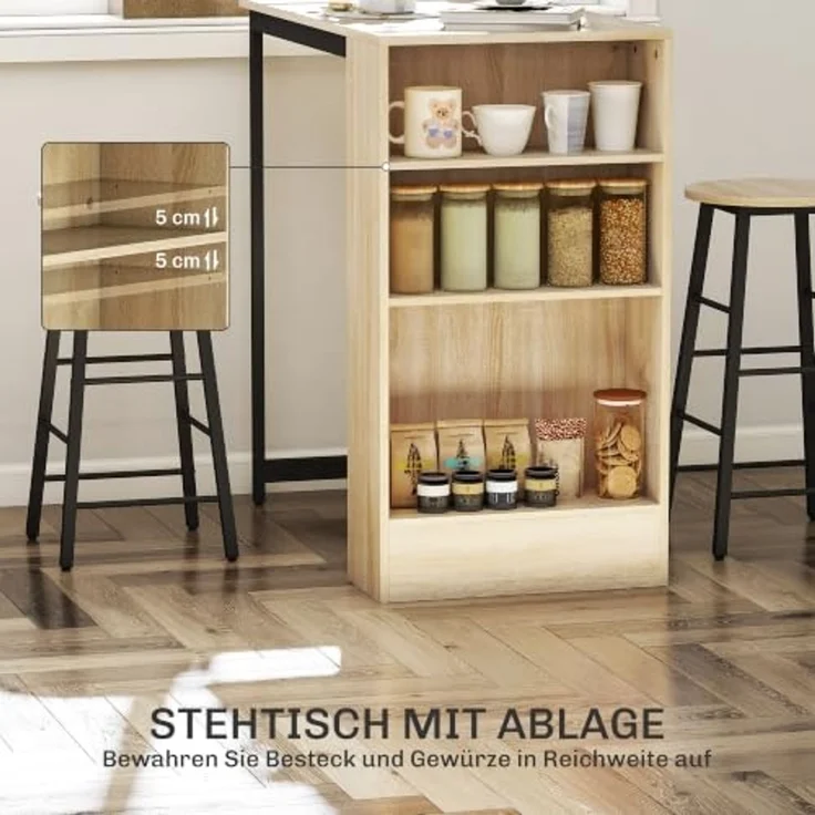 HOMCOM Bargruppe Küchentresen mit 2 Barstühlen, Fußstütze und verstellbaren Ablagen, (Bartisch mit Barhocker Set, 3-tlg, Bartisch-Set), im Modern-Stil, platzsparend, für Esszimmer, Küche, Stahl, Eiche – Bild 3