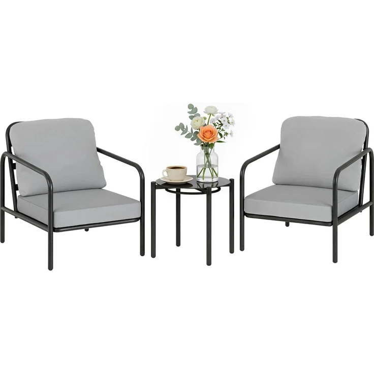 3-teiliges Bistro-Set aus Stahl mit 2 Stühlen mit dicken Kissen, 77.0×63.0×76.0cm, Schwarz grau, MELAYR – Bild 1