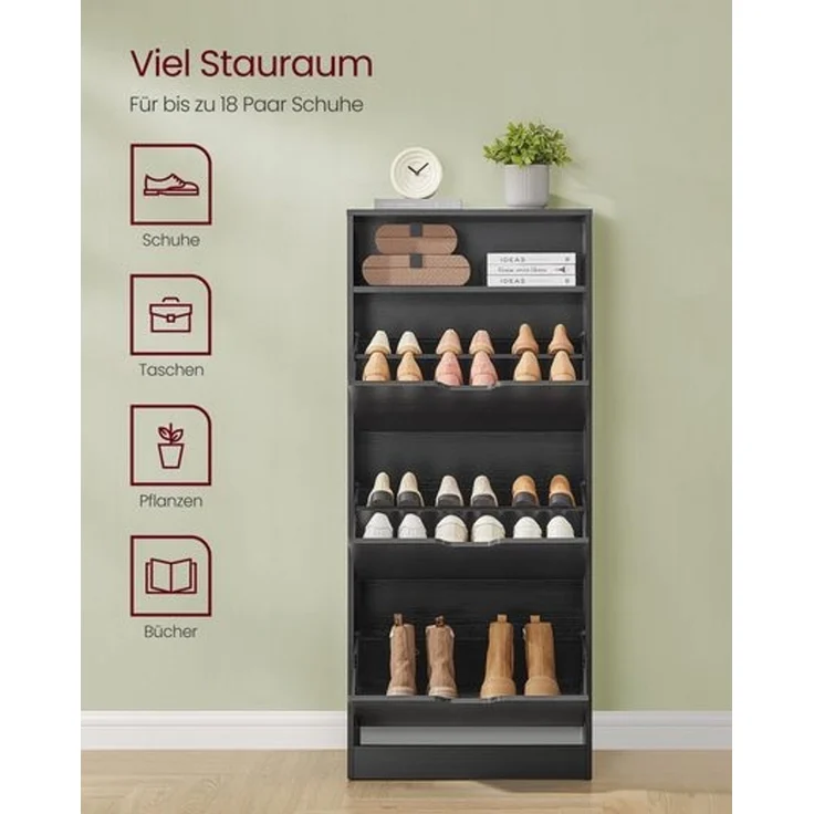 Vasagle Schuhschrank 3 Klappen, Schuhkipper, Schuhregal, Schuhaufbewahrung, offenes Fach, Trennwand verstellbar, für 14-18 Paar Schuhe, Flur, 24 x 60 x 139 cm, ebenholzschwarz LBCDE046B03 – Bild 4
