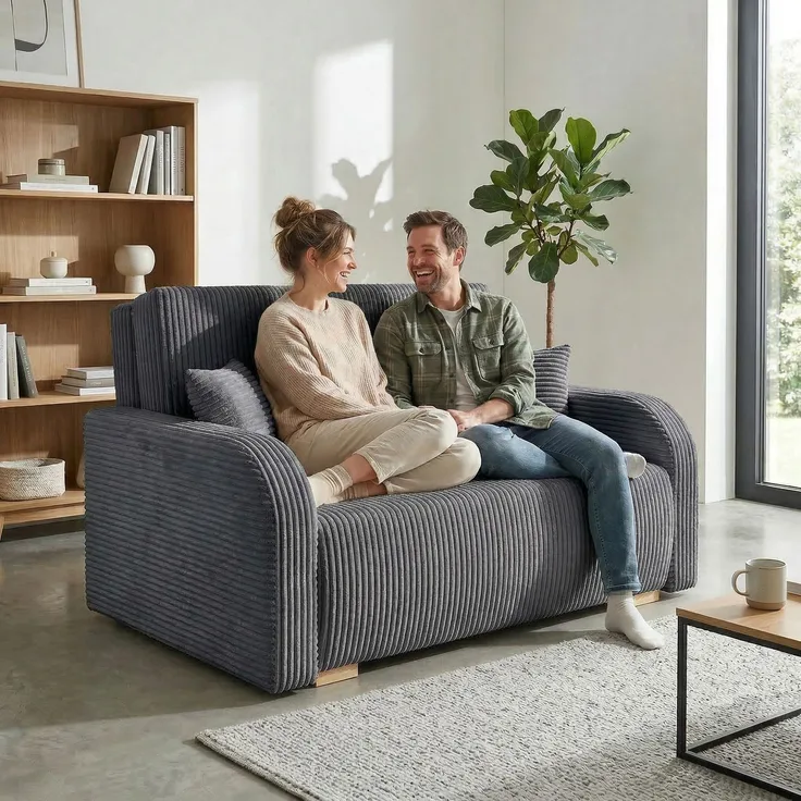 Wohnero24 Lirena 2 Schlafsofa 136x95 cm mit Bettfunktion 113x195 cm – 2-Sitzer Cord Sofa ausziehbar mit Bettkasten, kleines Schlafsofa für Wohnzimmer - Dunkelgrau