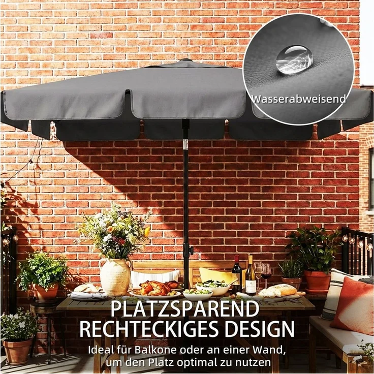 Outsunny Sonnenschirm rechteckig Balkonschirm mit 3-facher Neigung 8 Streben, LxB: 183x122 cm, rechteckig Balkonschirm, Strandschirm, für Strand Balkon Garten, 183 x 122 x 222 cm, Dunkelgrau – Bild 3