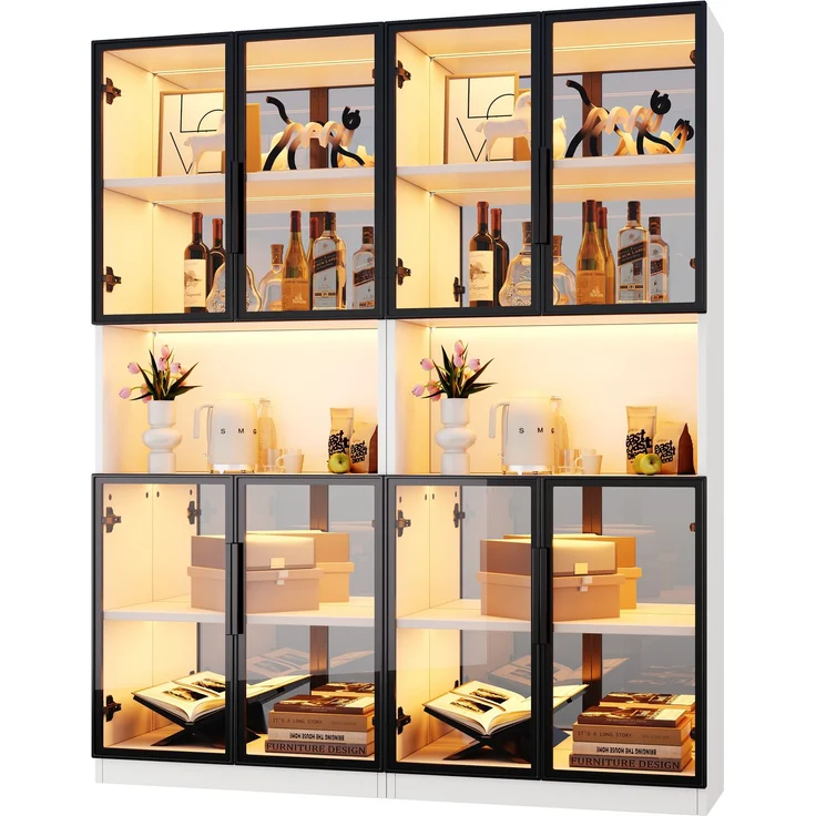 Vitrinenschrank-Set 140x30x170 cm mit LED, Spiegelrückwand und grauen ESG-Glastüren – Bild 4