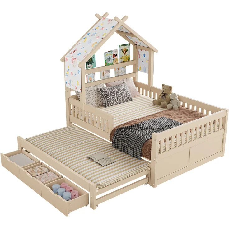 Hausbett mit Ausziehbett, Schubladen, Lattenrost, Zaun und Dach, 140x200 cm, Kinderbett mit Rausfallschutz, Kiefer – Bild 5