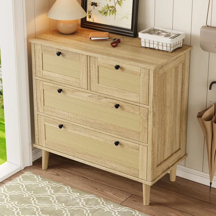 Schrank mit Rattangeflecht 80 x 40 x 80 cm, Kommode Holzfarbe, 4 Schubladen, Massivholzbeine – Bild 3
