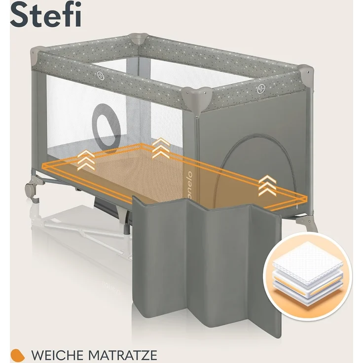 Lionelo Stefi Baby Kinderbett, Reisebett ab Geburt bis 15 kg, Seiteneingang, Sicherungssystem LockGuard, Blockade der Räder, Tragetasche, zusammenklappbar – Bild 3