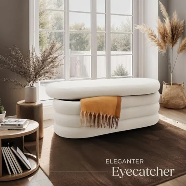 tectake® Sitzbank mit Stauraum, Scandi Sitzhocker, Hocker mit Stauraum, Teddy Stoff, Pouf, Polsterhocker, Sitztruhe, Truhe mit Deckel, Truhenbank mit Stauraum, Möbel für Wohnzimmer - Bouclé créme-weiß – Bild 8