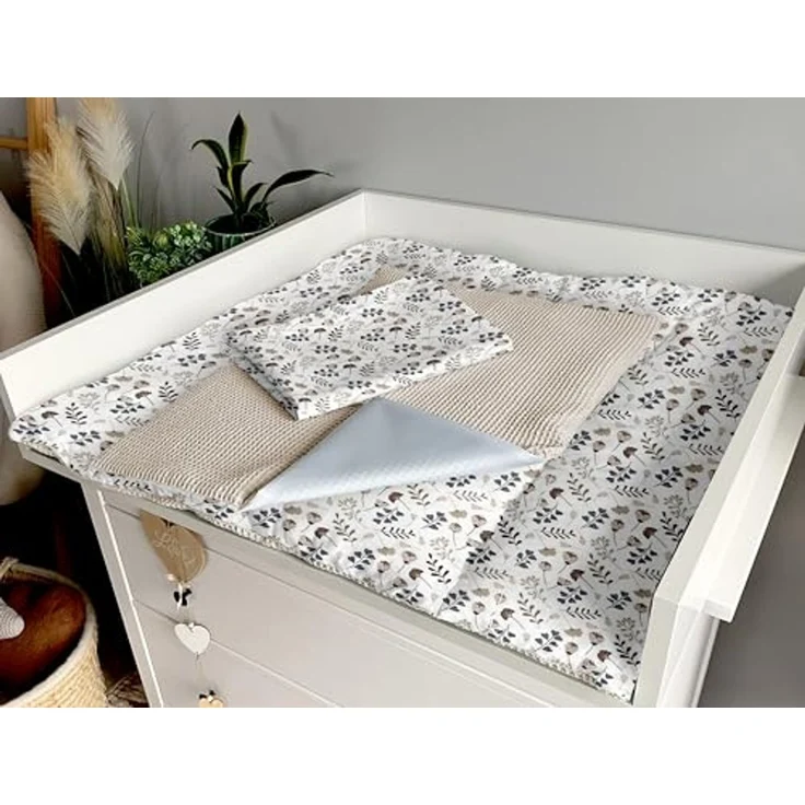 Wickelauflage Set 6-teilig – Wickelunterlage aus Baumwolle & Waffelstoff – Baby Wickelauflage – Geschenk zur Babyparty – Wickeltischauflage – 75x75 cm (Breite x Tiefe), Zweige und hellbeige – Bild 7