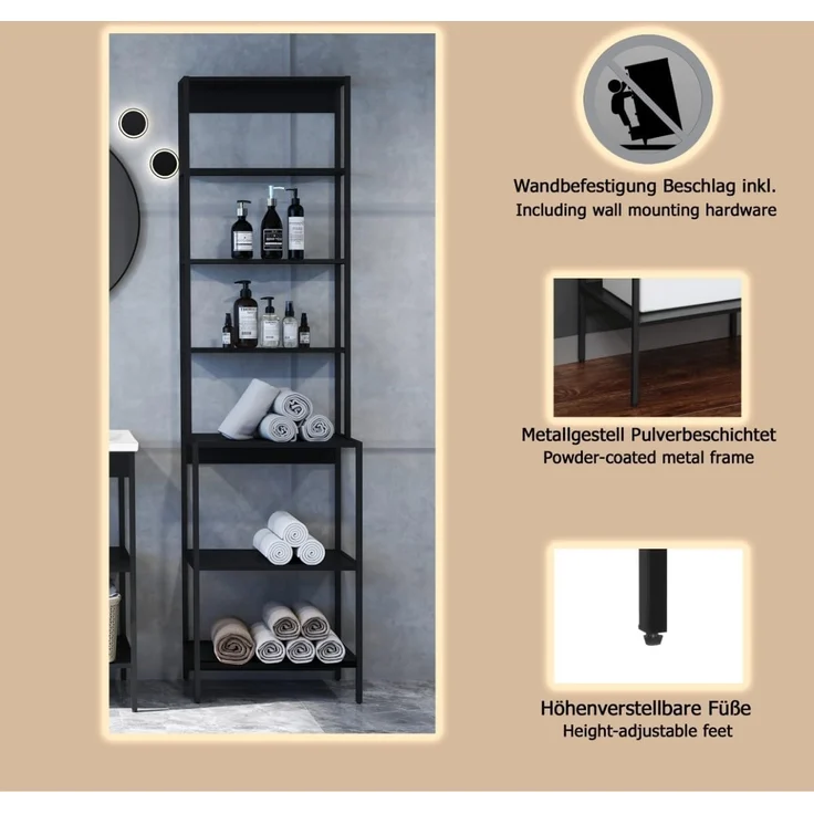 trendteam smart living - Lorin - Hochregal - Schwarz - Standregal mit 6 offenen Fächern - (BxHxT) 51 x 190 x 30 cm - bietet viel Stauraum – Bild 5