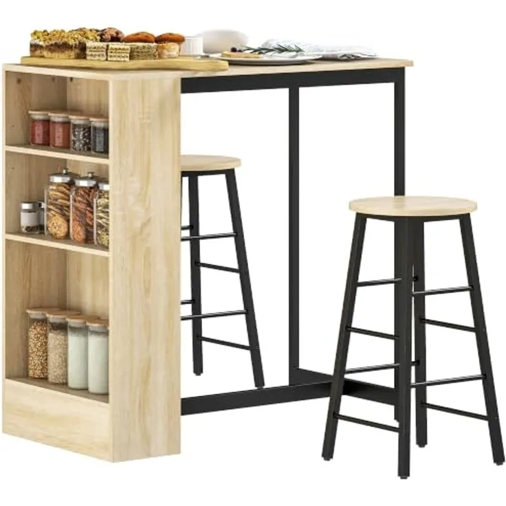 HOMCOM Bargruppe Küchentresen mit 2 Barstühlen, Fußstütze und verstellbaren Ablagen, (Bartisch mit Barhocker Set, 3-tlg, Bartisch-Set), im Modern-Stil, platzsparend, für Esszimmer, Küche, Stahl, Eiche