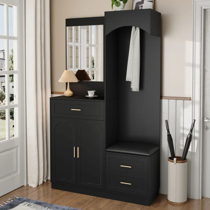 Moderne, Kompaktgarderoben,Garderobenschrank und Schuhschrankkombination, Eingangsschrank, multifunktionales Lagerregal mit Spiegel--Schwarz--110x33x185.5cm--YOUDENOVA – Bild 8