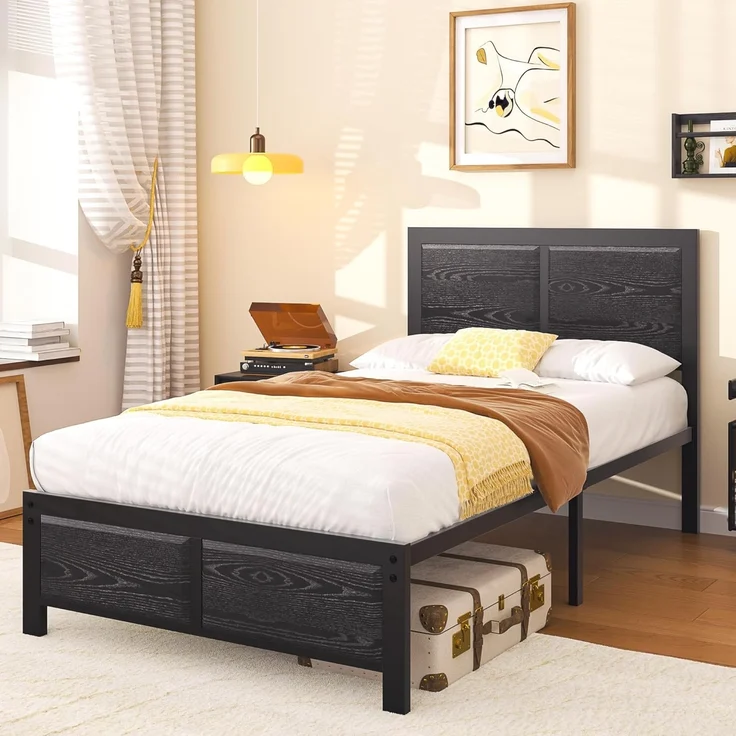 VECELO Bettgestell 90x200 cm, Metallbett mit Dick Holzkopfteil und Lattenrost, Modern Gästebett Jugendbett mit Stauraum Unter Dem Bett, Perfekt für Schlafzimmer, Schwarz – Bild 3