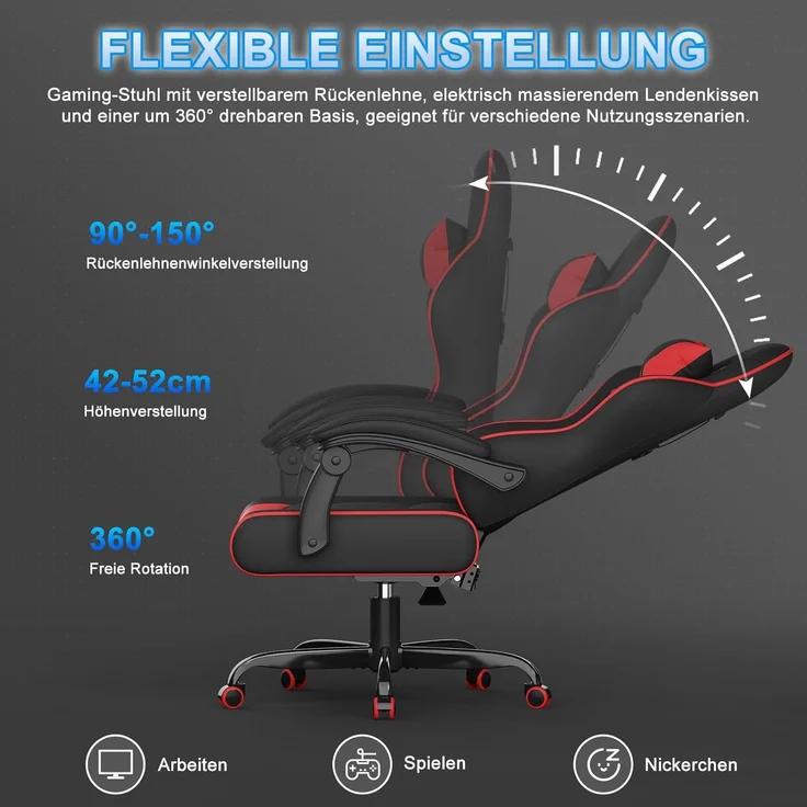 Devoko Gaming Stuhl mit Massagefunktion, Bürostuhl Ergonomisch mit Verstellbarer Ruckenlehne (90-135), Schreibtischstuhl mit Bewegliche Armlehne, max 150kg, rot – Bild 6
