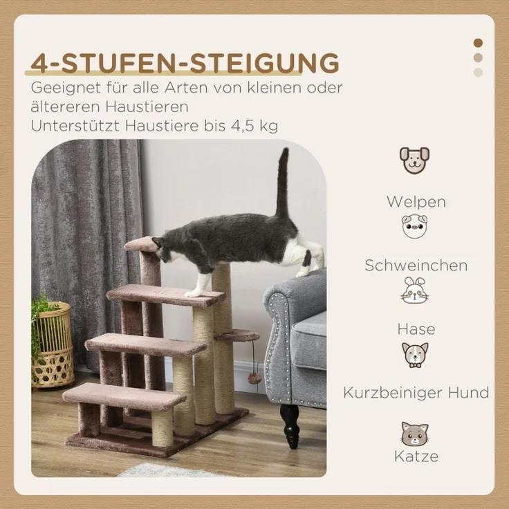 JARDJ Haustiertreppe, Kratzbaum, 4-stufig, für Tiere bis 5 kg, 60x40x64cm, Braun – Bild 4
