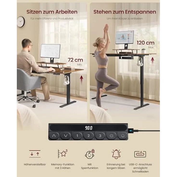 VASAGLE Höhenverstellbarer Schreibtisch, 140x70 cm, flexibel montierbarer Monitorständer, Schublade, USB-C-Anschluss, Erinnerung bei langem Sitzen, für Büro, vintagebraun LSD154KD01 – Bild 7