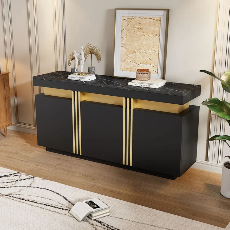Merax 140*38*70cm Schwarz Sideboard-Display, 3 Türen, Esszimmerschrank mit verstellbaren Trennwänden, breite grifflose Schließfächer – Bild 2