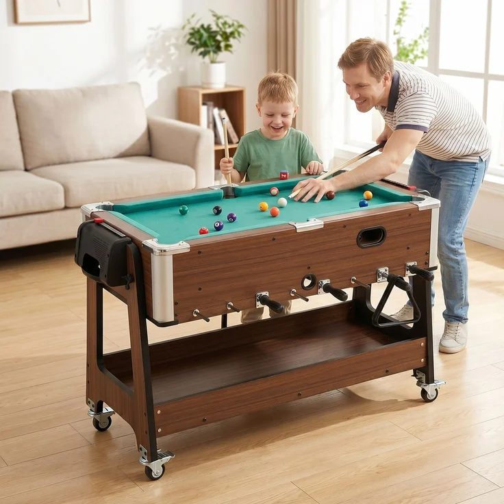 MELAYR, 3-in-1 Multi Spieltisch drehbar Multifunktionstisch mit Billardtisch Tischfußball, 102.5 x 61.5 x 65 cm, Walnuss – Bild 3