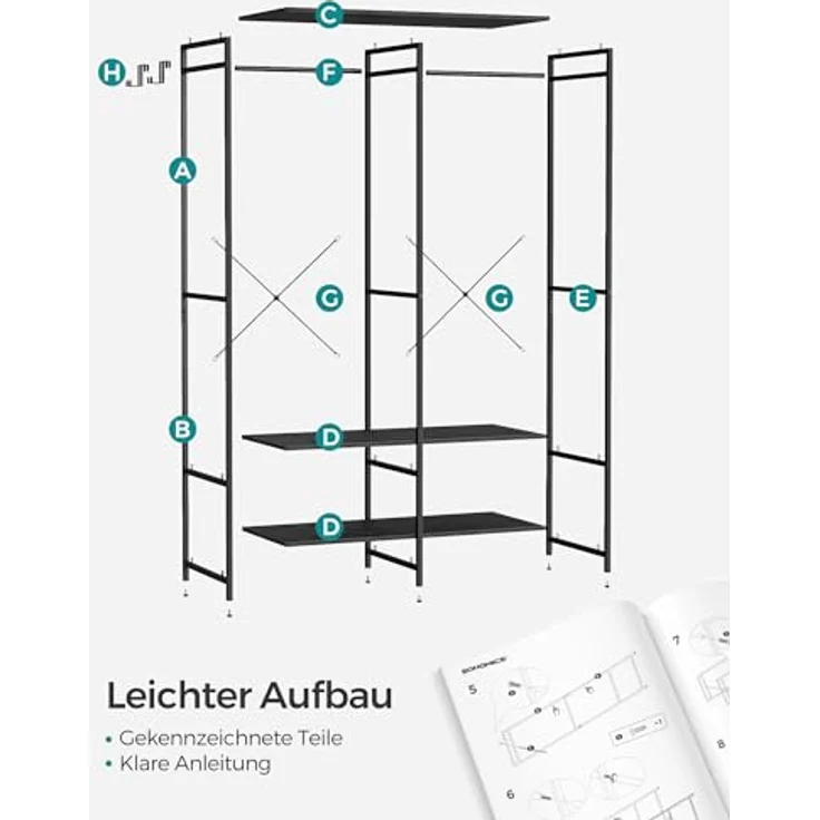 SONGMICS Kleiderschrank offen, Kleiderständer, Garderobenständer, Garderobe mit Kleiderstange, Ablagen, abnehmbare Haken, 40 x 94,5 x 180 cm, ebenholzschwarz RGR004B56 – Bild 8