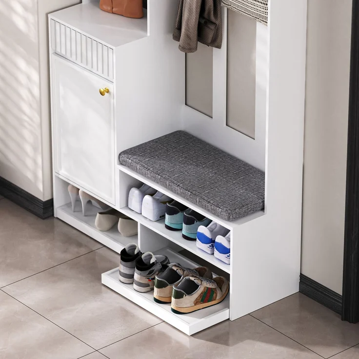 Garderobenset, Komplett-Set Flurgarderobe mit Sitzbank, 4 Haken, Türen & Schubladen - Weiß, Kompaktmaße 100×180×35 cm (B×H×T) – Bild 4