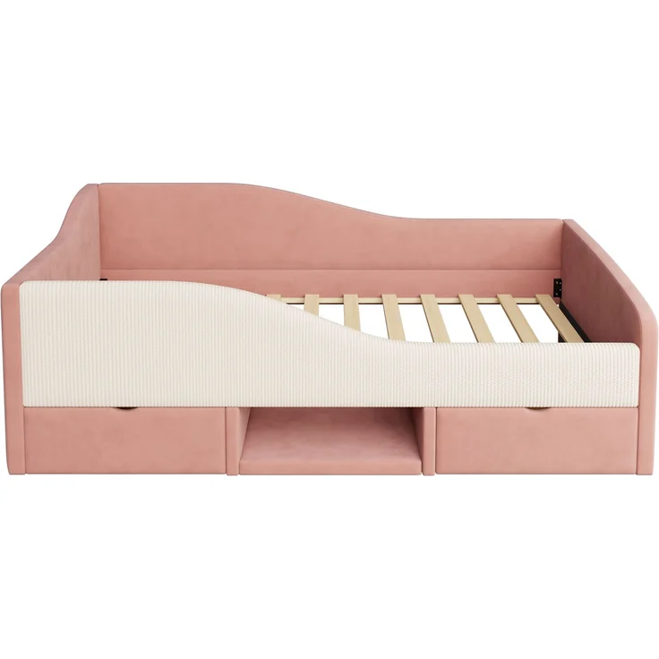 Kinderbett 90×190 cm mit Colorblock-Samt, Schutzgitter, Schubladen & Schuhfach, gepolstertes Jugendbett mit Stauraum,Rosa & Cremeweiß – Bild 4
