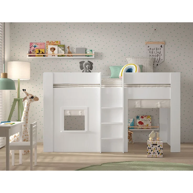 RENO Halbhohes Spielbett 90x200 inkl. Vorhangset MDF Creme-Weiß – Bild 3