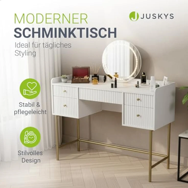 Juskys Schminktisch Samira mit Touch-LED-Spiegel, 5 Schubladen, viel Stauraum & elegantes Design für Schlafzimmer & Make-up – Weiß/Gold – Bild 3