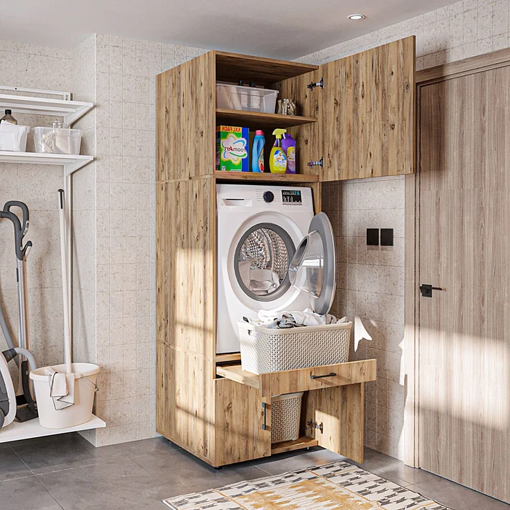 Roomart Waschmaschinenschrank 205 cm – Überbau, Ausziehbrett, Schublade | • Eiche – Bild 2