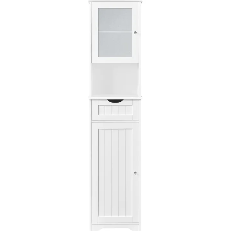 Yaheetech schmaler Badezimmerschrank mit Glastür, Schublade & verstellbarem Einlegeboden, Holz weiß, 40x30x170 cm